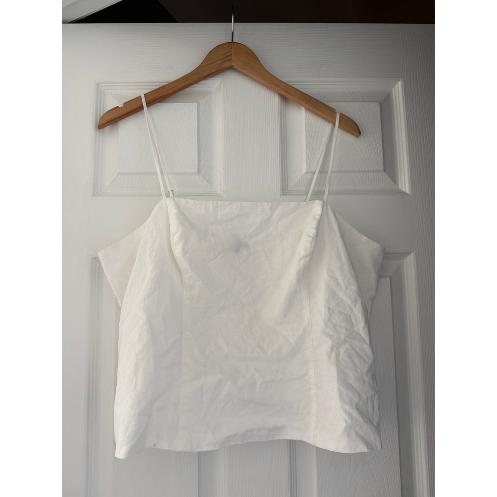 Womens White Square Neck Linen Blend Tank Top Coastal‎ Minimalist